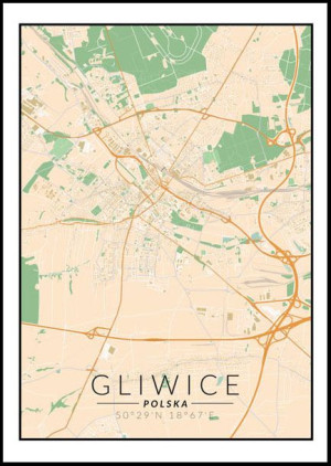Gliwice, Polska mapa kolorowa - plakat 70x100 cm