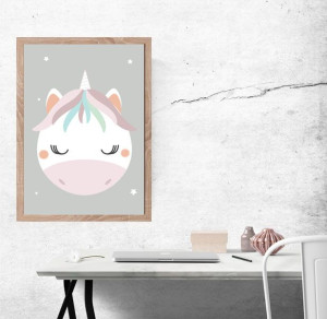 Jednorożec szare tło - plakat 50x70 cm