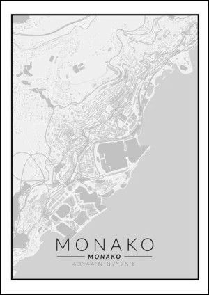 Monako mapa czarno biała - plakat 29,7x42 cm