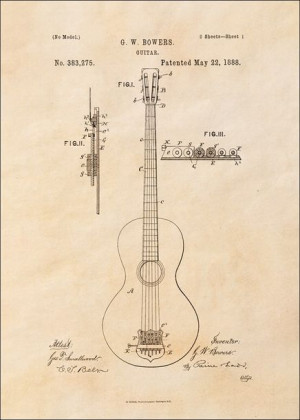 Patent GW Bowers Gitara Projekt z 1888, sepia - plakat 21x29,7 cm