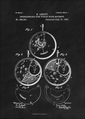 Patent Zegarek Nakręcany Projekt z 1890, black - plakat 20x30 cm