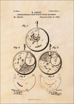 Patent Zegarek Nakręcany Projekt z 1890, sepia - plakat 40x60 cm