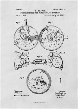 Patent Zegarek Nakręcany II Projekt z 1890 - plakat 30x40 cm