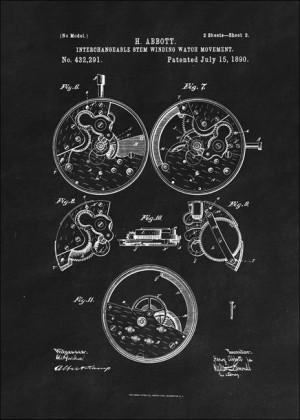 Patent Zegarek Nakręcany II Projekt z 1890, black - plakat 40x60 cm