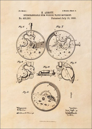 Patent Zegarek Nakręcany II Projekt z 1890, sepia - plakat 20x30 cm