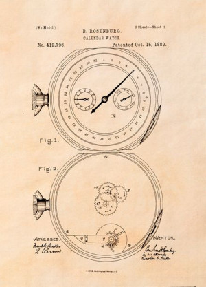 Patent Zegarek z Kalendarzem Projekt z 1889, sepia - plakat 21x29,7 cm