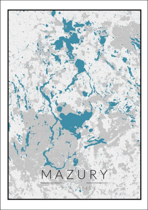 Mazury mapa czarno biało niebieska - plakat 60x80 cm
