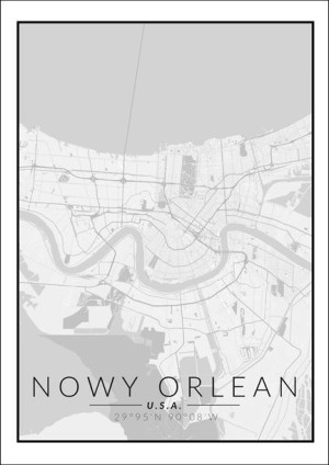 Nowy Orlean mapa czarno biała - plakat 29,7x42 cm