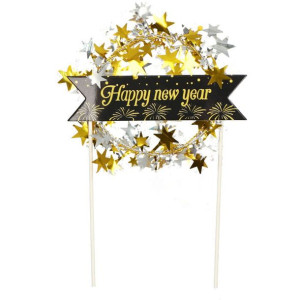 Dekoracja Topper Happy New Year Złoto Srebrny
