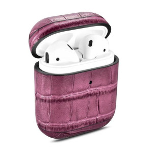 iCarer Leather Bamboo etui z naturalnej skóry do AirPods 2 / AirPods 1 fiol