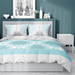 Pościel Bawełna turkus ornament 160X200CM + poszewki 2X 70X80CM 3844A