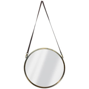 Lustro okrągłe w metalowej ramie LOFT na pasku 42 cm stare złoto