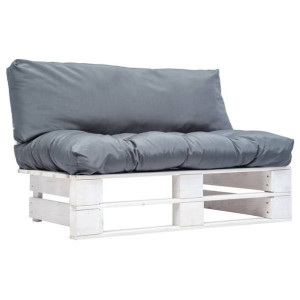 Sofa ogrodowa z palet z szarymi poduszkami, sosna