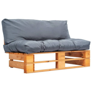 Sofa ogrodowa z palet z szarymi poduszkami, sosna