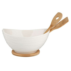 Miska na sałatki porcelanowa z łyżkami bambusowymi Regular kremowa 29 x 24