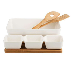 Salaterka z miseczkami do dipów i przekąsek porcelanowa na podstawie bambus