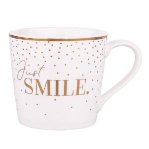 Kubek do kawy i herbaty porcelanowy wysoki 350 ml, dekoracja Just Smile