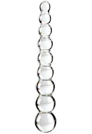 Dwustronne, szklane dildo waginalno-analne. Zwężany ku górze kształt.