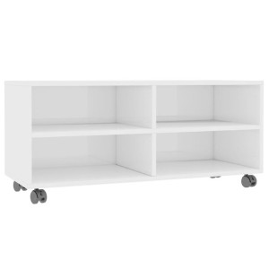 Szafka pod TV z kółkami, wysoki połysk, biała, 90x35x35 cm