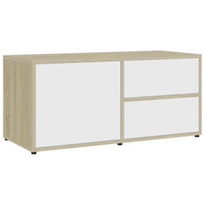Szafka pod TV, biel i dąb sonoma, 80x34x36 cm, płyta wiórowa