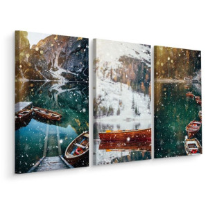 Obraz 3 Częściowy ŁÓDKI Jezioro Góry Śnieg Efekt 3D 120cm x 80cm