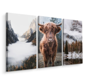 Obraz Tryptyk Krowa LAS we Mgle Pejzaż Efekt 3D 120cm x 80cm