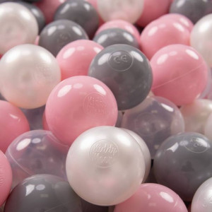 KiddyMoon Plastikowe piłeczki 7cm 300szt, perła-szary-transp-p.róż