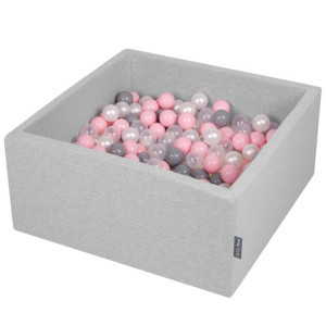 KiddyMoon basen kwadratowy 90x30 z 300 piłeczkami 7cm, perł-sz-transp-p.róż
