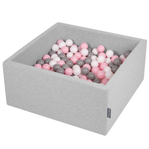 KiddyMoon Suchy basen kwadrat 90x40 z 300 piłeczkami 7cm, biały-szary-p.róż