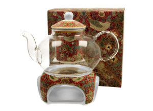 Szklany dzbanek 1000 ml z podgrzewaczem STRAWBERRY THIEF RED William Morris