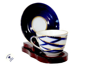 Imperial Porcelain filiżanka na spodku 250 ml. kobaltowe pasy,  Łomonosow