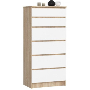 Komoda do sypialni, pokoju, 6 szuflad, 60, dąb sonoma, biel, mat