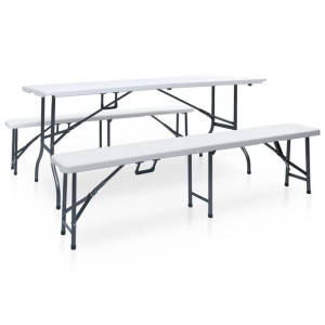 Składany stół ogrodowy z 2 ławkami, 180 cm, stal i HDPE, biały
