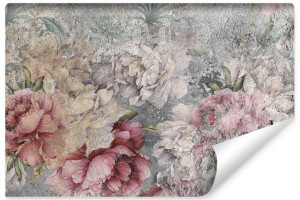 Fototapeta do Salonu KWIATY Piwonie Efekt Betonu Vintage 3D 400cm x 280cm