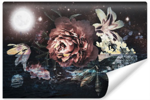 Fototapeta Ścienna do Salonu KWIATY Mur Księżyc Efekt 3D 368cm x 254cm