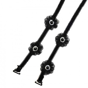 Ozdobne ramiączka do biustonosza czarne kwiaty BS000816