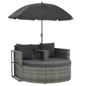 2-osobowa sofa z poduszkami i parasolem, polirattan, szara