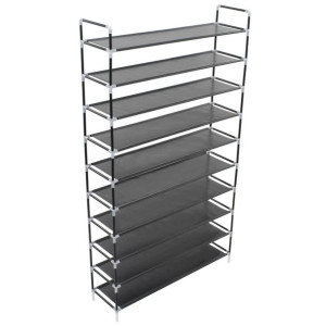 Stojak na buty z 10 półkami, metal i włóknina, czarny
