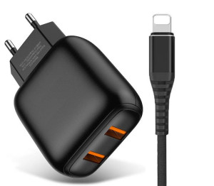 Ładowarka Sieciowa USB 2.4A JELLICO C33 + Kabel USB LIGHTNING IPHONE czarna