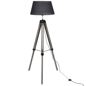 Drewniana lampa podłogowa z czarnym kloszem z materiału