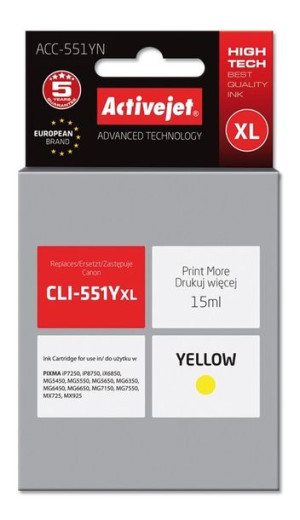Tusz Activejet ACC-551YN (zamiennik Canon CLI-551Y  Supreme  15 ml  żółty)