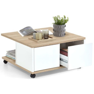 Mobilny stolik kawowy, 70 x 70 x 36 cm, dębowy i błyszcząca biel