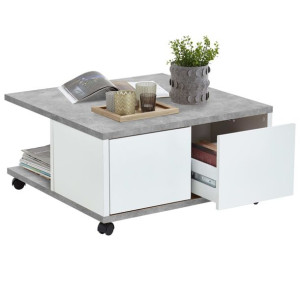 Mobilny stolik kawowy, 70x70x35,5 cm, betonowy i błyszcząca biel