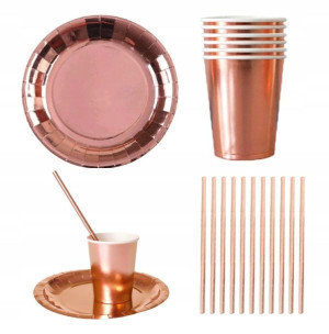 Zestaw Talerzyki Kubeczki Słomki Rose Gold Różowe