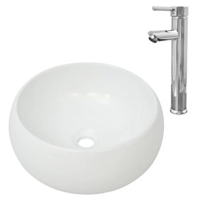 Umywalka z baterią mieszającą, ceramiczna, okrągła, biała