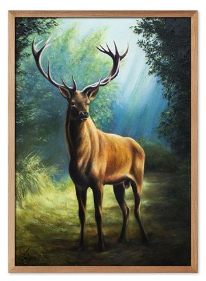Obraz ręcznie malowany na płótnie 53x73cm Renifer w lesie