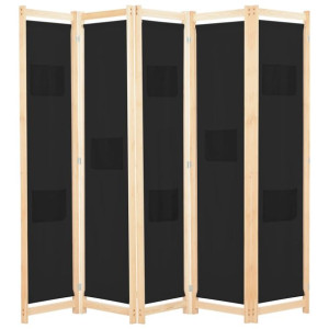 Parawan 5-panelowy, czarny, 200 x 170 x 4 cm, tkanina