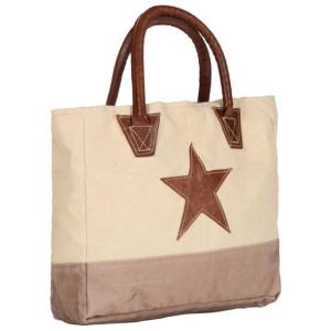 Torba shopper, beżowa, 32x10x37,5 cm, płótno i skóra naturalna