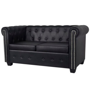 Sofa 2-osobowa w stylu Chesterfield, sztuczna skóra, czarna