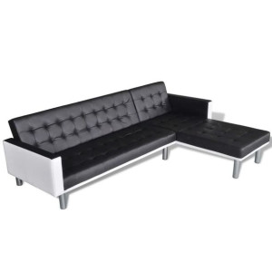 Sofa narożna z funkcją rozkładania, sztuczna skóra, czarna